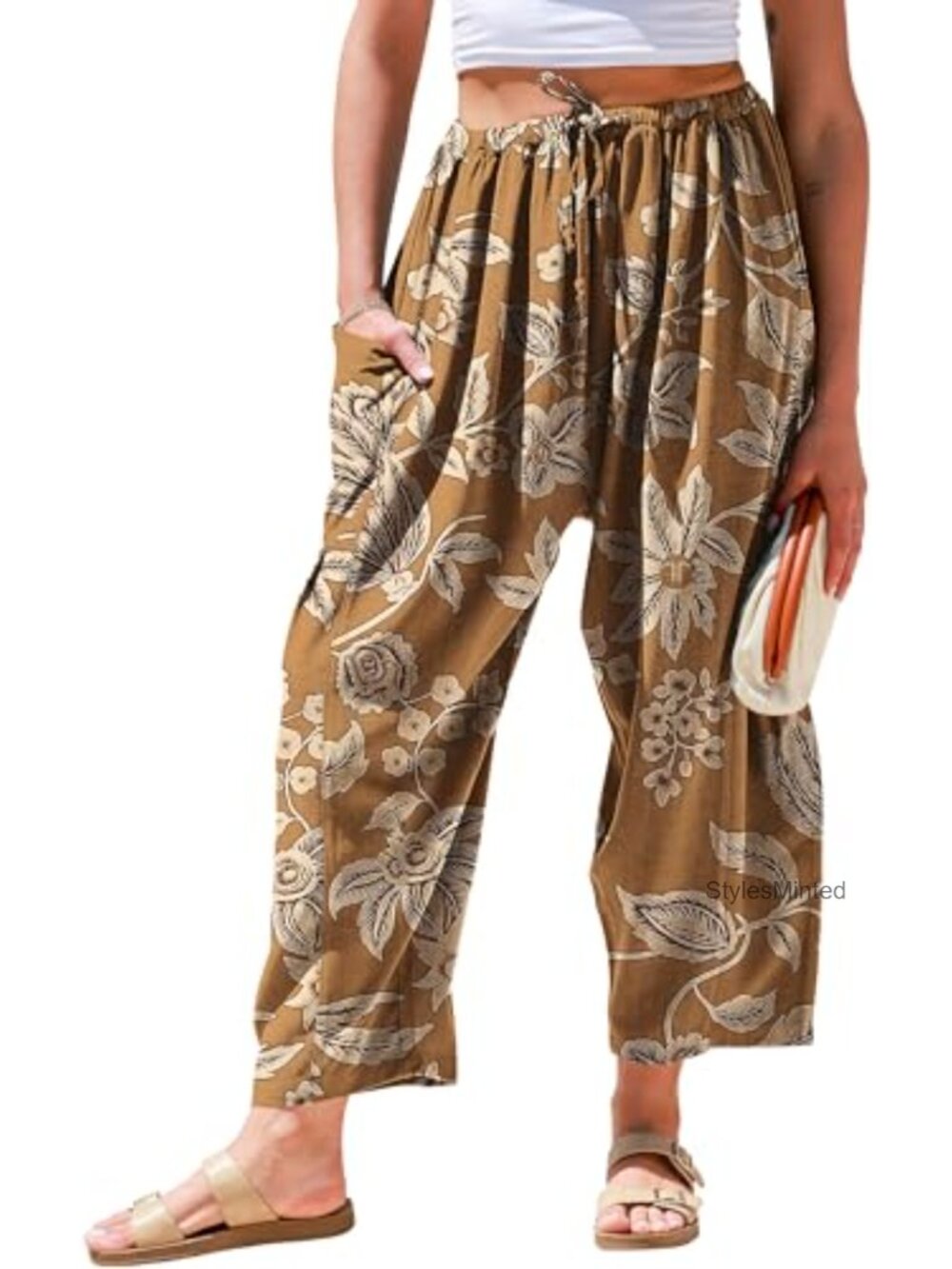 Womens Linen Wide Leg Palazzo Harem Pants Drawstring Beach